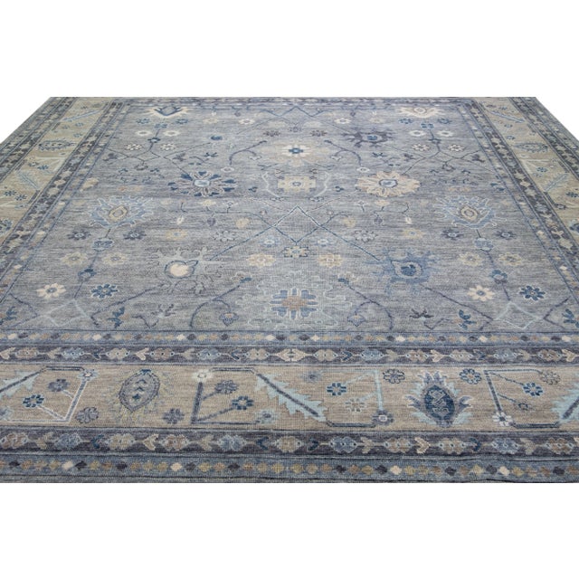 Contemporary Modern Oushak Style Handmade Floral Motif Gray and Beige Square Wool Rug For Sale - Image 3 of 9