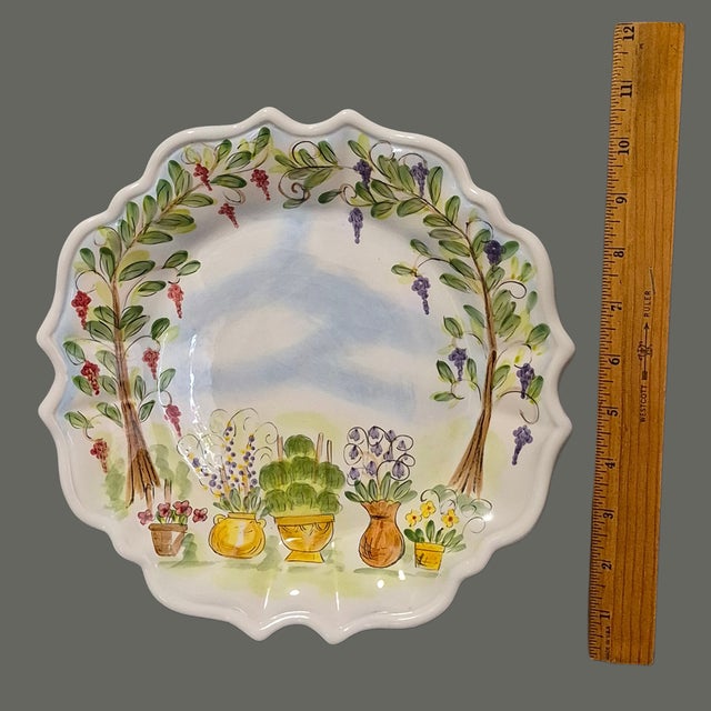 Green Vintage "Ma Maison" Hand Painted Collection Garden Scene Scalloped Edge Platter For Sale - Image 8 of 11