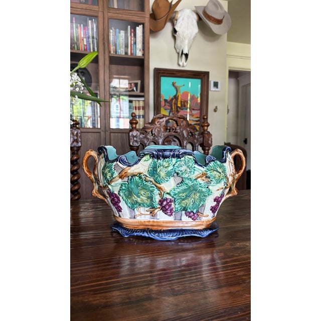 Late 18th Century Vintage Majolica Grape Vine Jardinière Planter Cobalt Blue For Sale - Image 5 of 12
