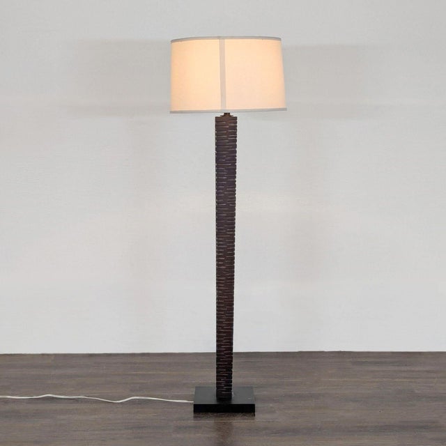 Modern Modern Floor Lamp With Textured Dark Brown Wood Base and White Shade For Sale - Image 3 of 6