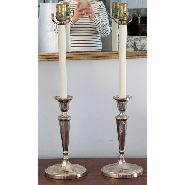 English Pair of Silver Plate Candlestick Buffet Table Lamps For Sale - Image 3 of 12
