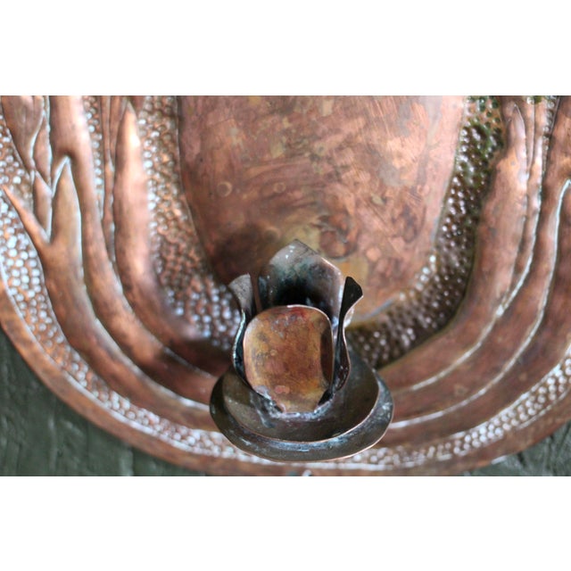 Art Nouveau Embossed or Hammered Copper Wall Candleholder With Irises For Sale - Image 3 of 9