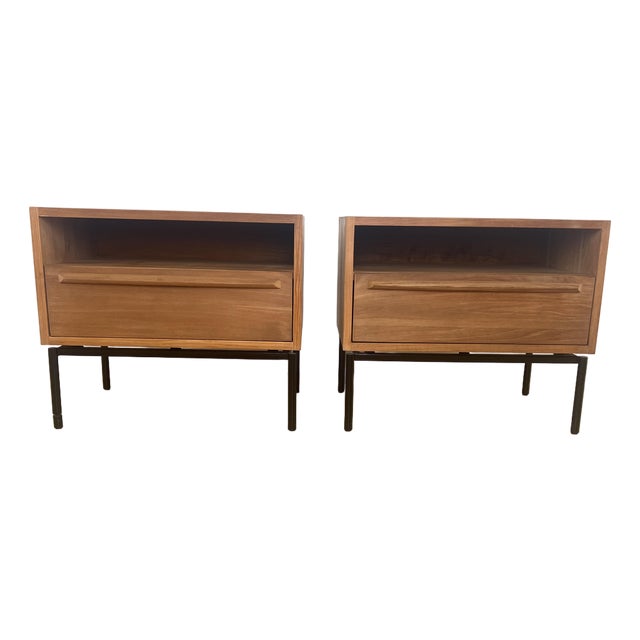 Ethnicraft Teak Nightstands With Black Metal Legs (Pair) For Sale