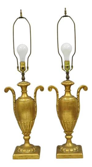 Vintage Italian Hollywood Regency Gold Giltwood Urn Form Table Lamps - A Pair