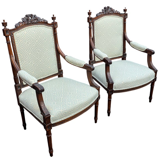 French Pair of Antique French Hand-Carved Louis XVI Style Armchairs For Sale - Image 3 of 11