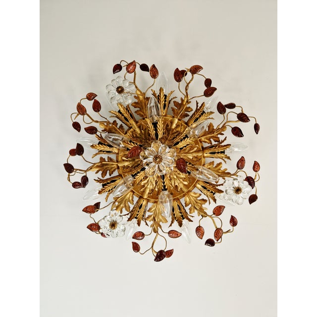 Large Floral Ceiling Light in Brass and Crystal by Banci Firenze, Italy, 1970s For Sale - Image 14 of 14