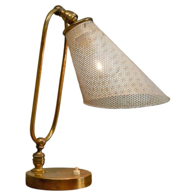 Vintage French Table Lamp in Patinated Brass and Perforated Metal by Mathieu Matégot, 1950s For Sale - Image 14 of 14