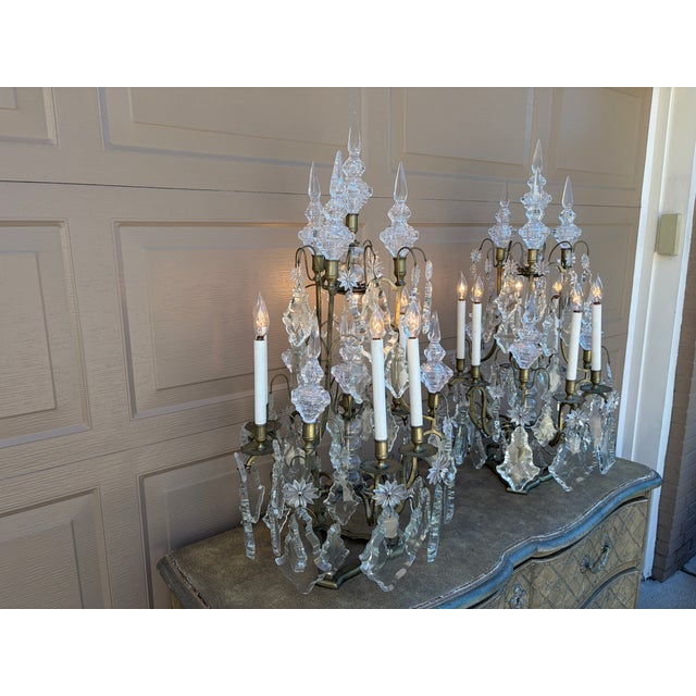 Brass Early 20th Century French Brass & Crystal Six-Light Girandole Lamps - Pair For Sale - Image 8 of 17