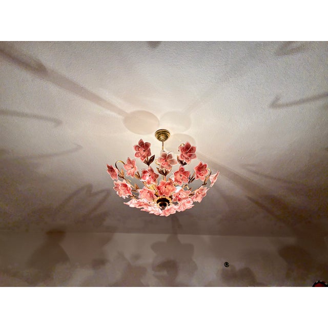 Vintage Murano Glass Floral Chandelier – Rare Deep Pink Flowers, Flush Mount For Sale - Image 6 of 18