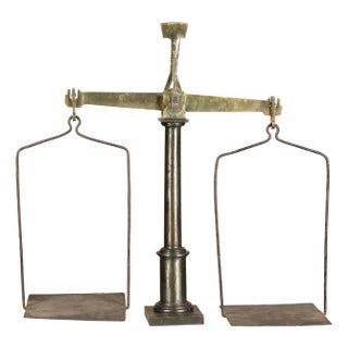 Large French 19th Century Brass and Steel Scale with Weighing Pans and Column For Sale