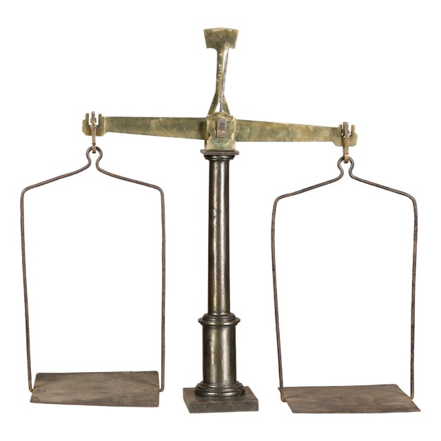 Large French 19th Century Brass and Steel Scale with Weighing Pans and Column For Sale