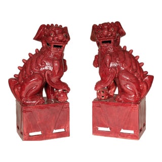 Pair of Large Maroon Color Foo Dogs For Sale