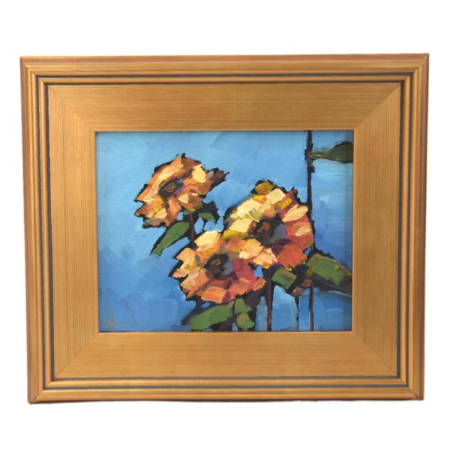 2020s William Hawkins Summer Sunflowers Floral Oil Painting Including the Antiqued Gold Wood Frame For Sale - Image 5 of 5