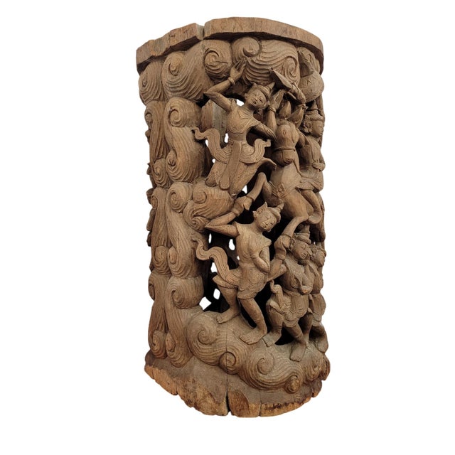 19th-Century Southeast Asian Hand-Carved Teak Temple Pillar Wrap Sculpture For Sale - Image 4 of 18