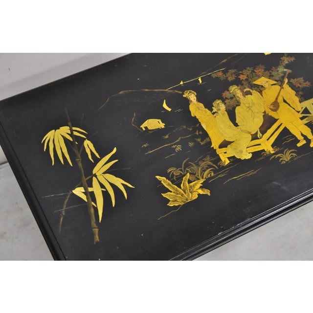 Vintage Chinoiserie Oriental Black Lacquer Gold Gilt Trestle Bench Coffee Table For Sale - Image 10 of 12