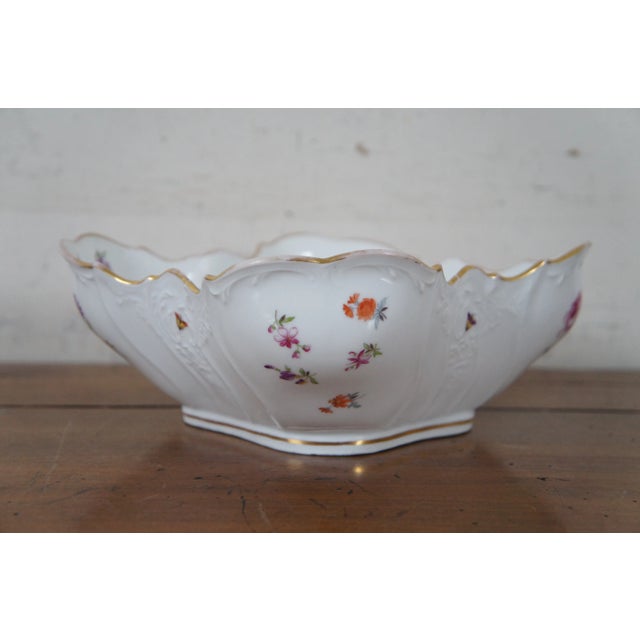 Dresden Porcelain Late 19th Century Antique German Dresden Ruffled Serpentine Floral Butterfly Bowl Compote For Sale - Image 4 of 12