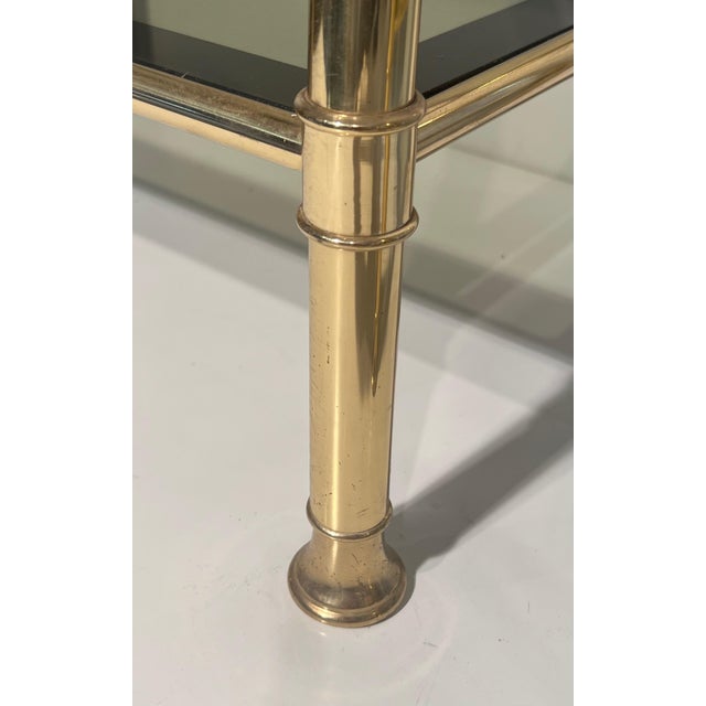 1970s Pair of brass side tables with smoked glass shelves For Sale - Image 9 of 10