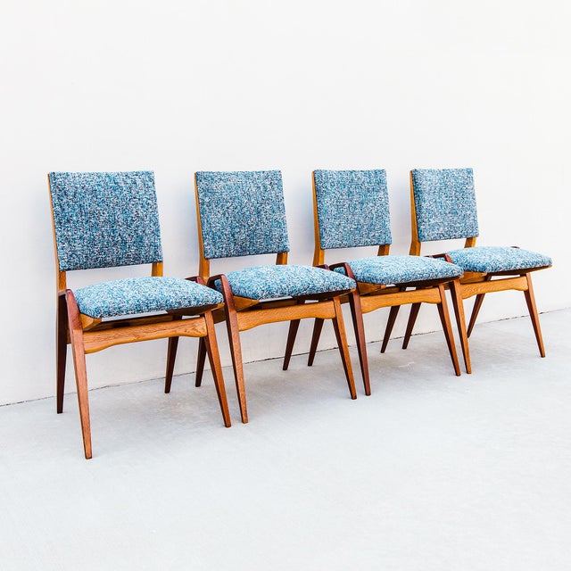 Maurice Pré Attributed Mid Century Modern Oak & Mahogany Dining Chairs, France 1950s For Sale - Image 13 of 14