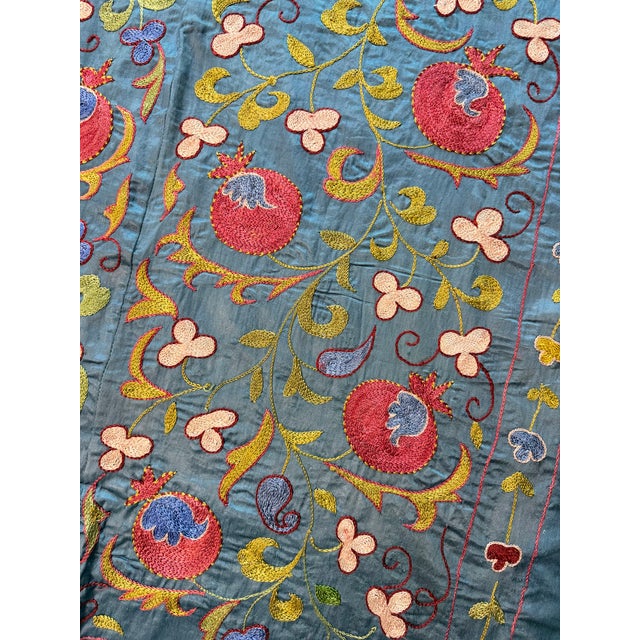 Blue Blue Silk Suzani Wall Decor With Red Pomegranates For Sale - Image 8 of 10
