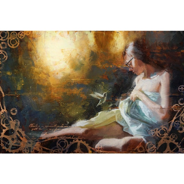 Visit from a Friend by Christopher Clark | Oil and metal leaf on wood panel Woman with a bird. For Sale