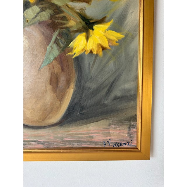 Gold Vintage A. Vincenzi Sunflower Still Life Oil Painting, Framed/ Sold For Sale - Image 8 of 10