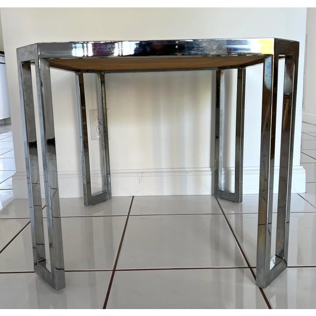 Wood Milo Baughman Style Mid Century Rattan and Chrome Side Table For Sale - Image 7 of 8