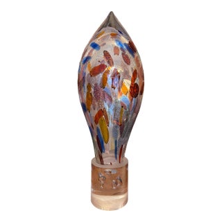 Hand Blown Murano Glass Sculpture on Case Block With Bubble Inclusion and Original Metal Murano Tag For Sale