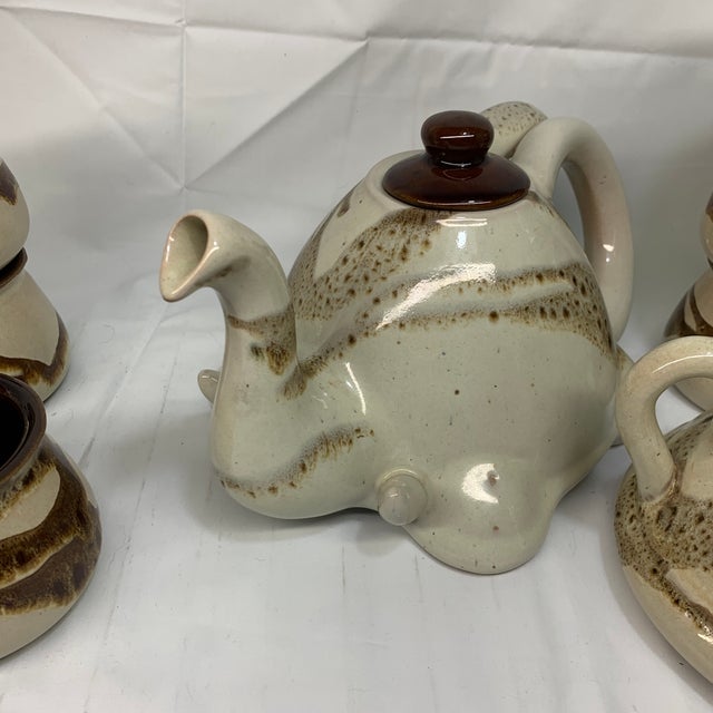 Cream Vintage C. 1970s Handmade Stoneware Elephant Tea Set With Sugar Bowl, Brown and Cream Glaze - Set of 8 For Sale - Image 8 of 10