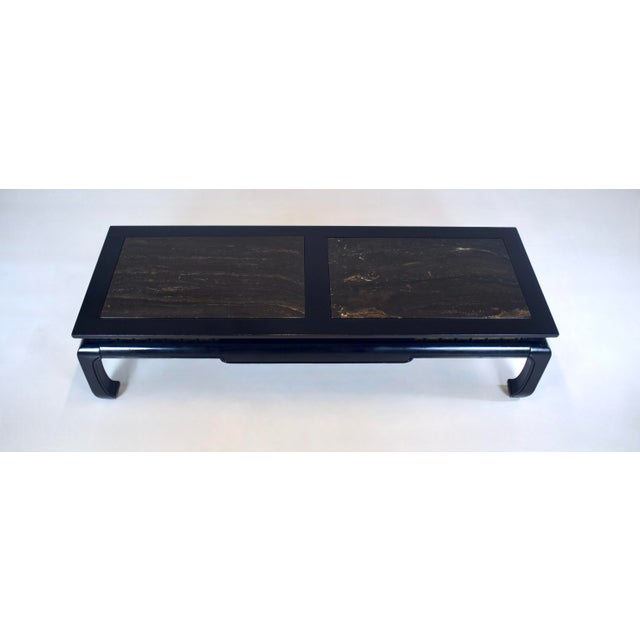 Chinoiserie Ming Style Coffee Table, Black Lacquered Wood, Brass Fretwork, Usa For Sale - Image 3 of 9