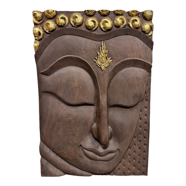 Vintage Boho Carved Acacia Wood Buddha Head Panel For Sale