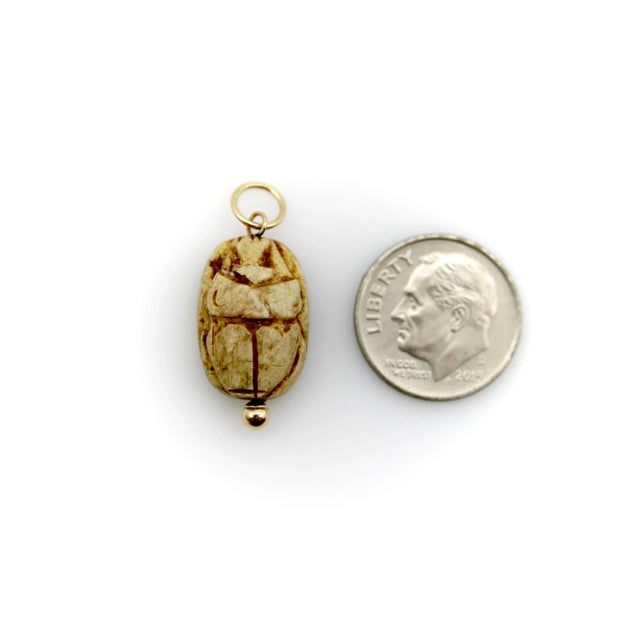 Metal 1920s Egyptian Revival Tan Stone Scarab Pendant With 14k Gold Mount For Sale - Image 7 of 9