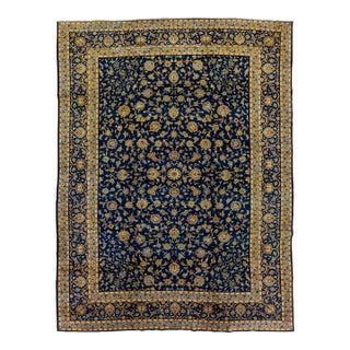 1960s Vintage Persian Kashan Handmade Blue Wool Rug With Floral Pattern For Sale