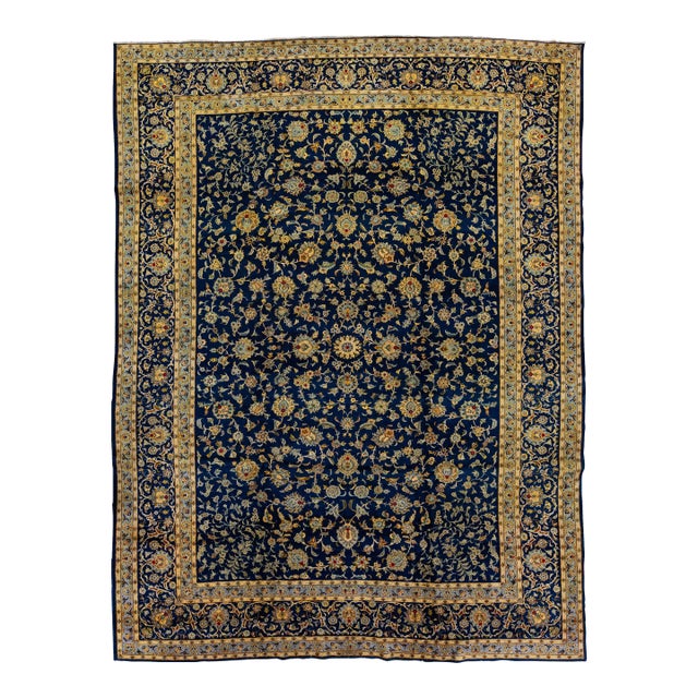 1960s Vintage Persian Kashan Handmade Blue Wool Rug With Floral Pattern For Sale