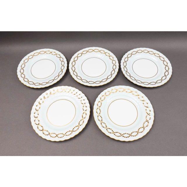 Minton England S600 Intertwined Gold Laurel Leaves Light Blue Swirl Border Salad Dessert Plate Set Of 5 Measures...