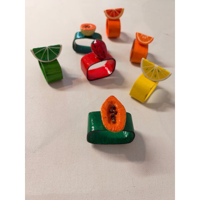 Contemporary Vintage Hand Painted Lacquered Papier Mâche Napkins Rings S/7 For Sale - Image 3 of 5
