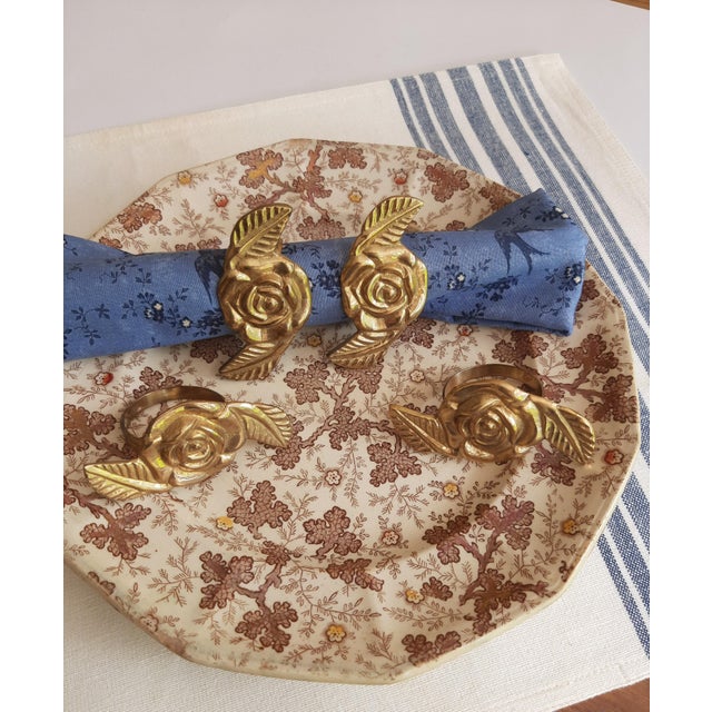 Metal Brass Rose Napkin Rings Set 8 For Sale - Image 7 of 9