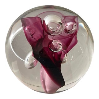 Clear and Magenta Glass Signed Studio Paperweight With Bubble Inclusions For Sale