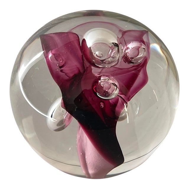 Clear and Magenta Glass Signed Studio Paperweight With Bubble Inclusions For Sale