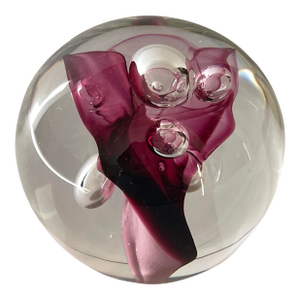 Clear and Magenta Glass Signed Studio Paperweight With Bubble Inclusions