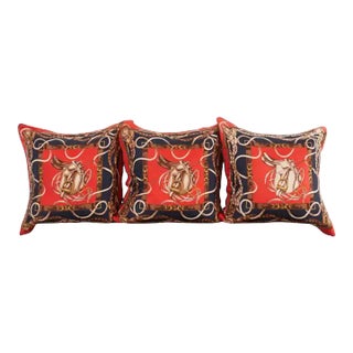 Set of Three Large Ralph Lauren Equestrian Silk Scarf Pillows For Sale