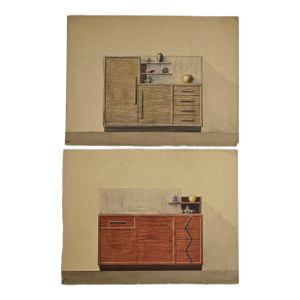 1930 Set of 2 French Art Deco Furniture Drawings, Gouache