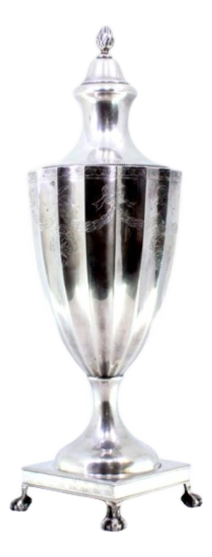 Silver Urn with Engraved Top, Lid with Knob and Frieze and Claw-Shaped Feet