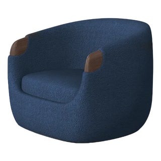 Modern Bubble Armchair in Blue Boucle and Walnut by Javier Gomez For Sale