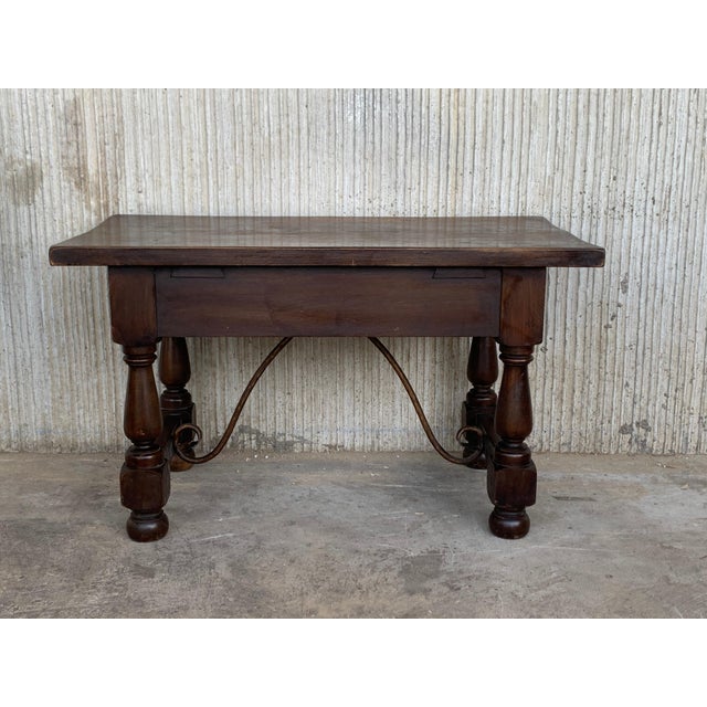 20th Century Spanish Carved Table with Iron Stretchers and Drawer For Sale - Image 12 of 18