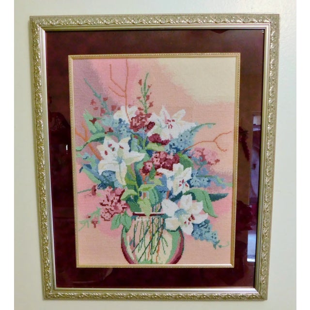 Wood Large Vintage Silver Leaf Framed Red Velvet Floral Needlepoint Hanging Wall Picture For Sale - Image 7 of 7
