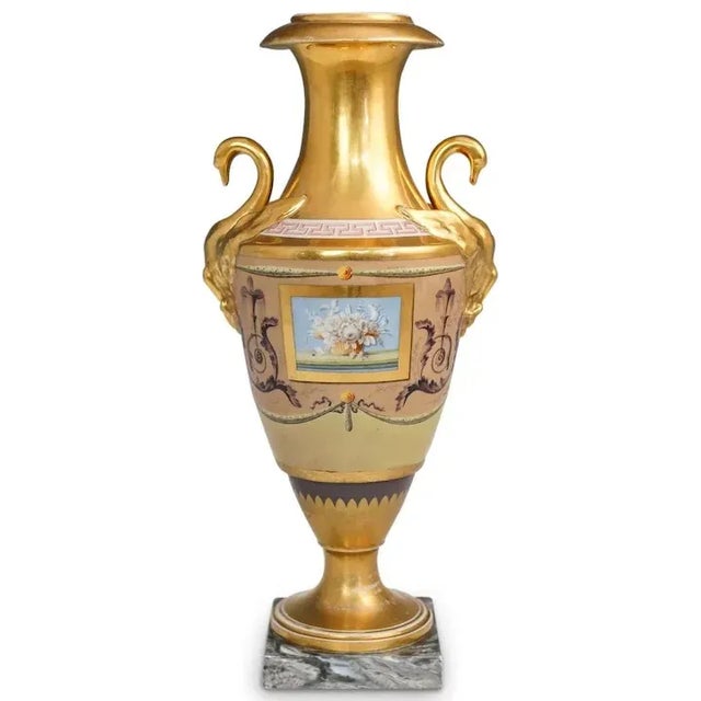 Antique Early 19th Century Paris Porcelain Neoclassical Vases with Swan Handles Signed Halley - A Pair For Sale - Image 4 of 9