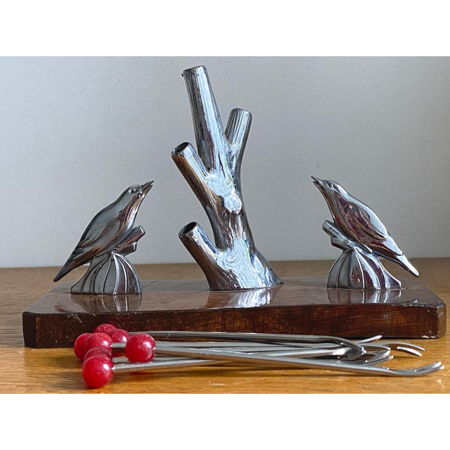 Art Deco Chrome and Wood Bird Appetizer Pick Holder, France, 1930s For Sale - Image 4 of 6