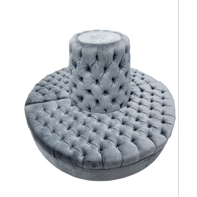 Vintage Tufted Banquette Settee Lobby Sofa Newly Reupholstered in Blue Velvet For Sale - Image 4 of 6