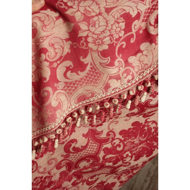 Antique 1850s French Red Damask Fabric Curtain Bed Drape W Trim
