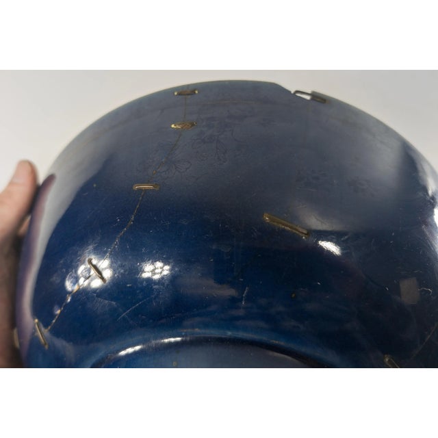18th Century or Earlier Chinese Ming or Qing Dynasty Blue Glazed Bowl With Staple Repairs For Sale - Image 11 of 12